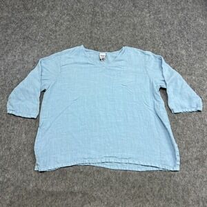Match Point Blouse Womens L Blue Linen 3/4 Sleeve V Neck Tunic Top Casual